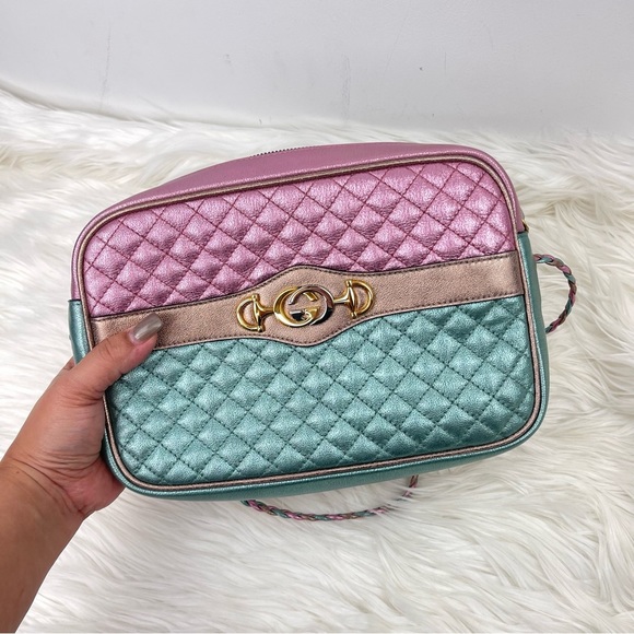 💯 Authentic Gucci Trapuntata Pink/Green Quilted Metallic Leather Crossbody - Picture 10 of 12